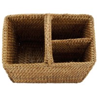 Cart Rattery Cutlery Rattan Natural con Anse | Titular de cubiertos de tabla con 3 compartimentos de almacenamiento