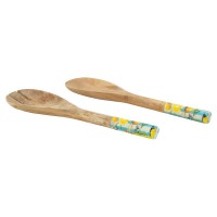 Couverts à Salade en Manguier et Résine | Service de Table Rayé Bleu et Citron | Duo Cuillère Fourchette