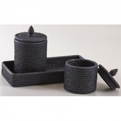 Bagno Set nero in rattan laccato nero | Scatole e design del vassoio di stoccaggio per cosmetici e cotone
