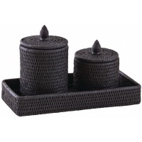 Conjunto de banheiro Preto Lacado Rattan | Caixas e design da bandeja de armazenamento para cosméticos e algodão