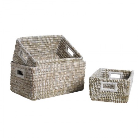 Conjunto de 3 cestas de almacenamiento rectangular con empuñaduras | Cestas trenzadas naturales para la casa