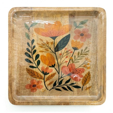 Bandeja cuadrada en mango y flores de patrón de resina | Craft Decorative Table Center & Vacuum