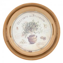 Serie av 2 runda träbrickor Provence | Olive Patterns & Lavendel | Chic Countryside Style Table Service
