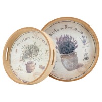 Serie von 2 runden hölzernen Tabletts Provence | Olivenmuster & Lavendel | Schicke Landschaftstabelle
