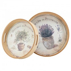 Série de 2 bandejas de madeira redondas Provence | Padrões de Oliveira & Lavanda | Serviço de mesa de estilo rural chique