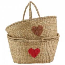 Lot de 2 Paniers Ovales en Jonc Naturel Motifs Cœurs Brodés Brun et Rouge | Corbeilles à Anses Pliables