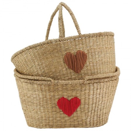 Lot of 2 oval bays in natural ring Reasons Embroidered hearts Brown and red | Crowds in foldable handles