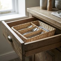 White Wicker Drawer Cutlery Range | Organizer 4 compartments braided for cuisine