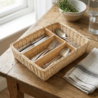 Gamma di posate da cassetto in vimini bianco | Organizzatore 4 scomparti intrecciati per la cucina