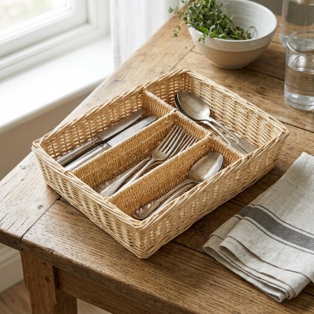 Gama de cubiertos de cajón de mimbre blanco | Organizador 4 compartimentos trenzados para la cocina