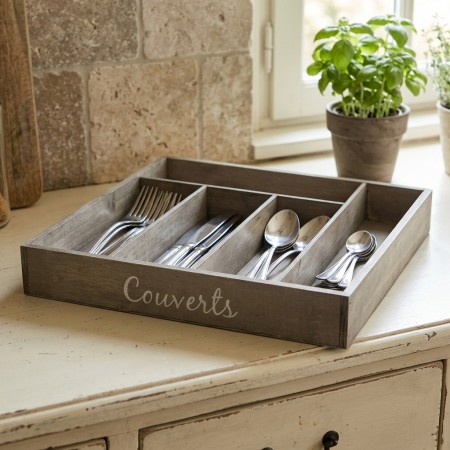 Houten bestek bereik 5 compartimenten die op het werkplan passen | Rustieke stijl keuken organizer