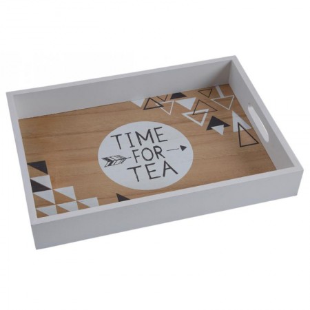 Modern Wood Service Tray "Tid for Tea" | Rektangulær måltidskuff med frokosthåndtak