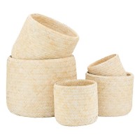 Series of 5 white patinated bamboo pots cache | Bohemian bohemian plants pots