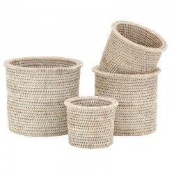 Série de 4 Cache-Pots Ronds en Rotin Patiné Blanc | Panier Plante Intérieur Tressé Style Campagne Chic