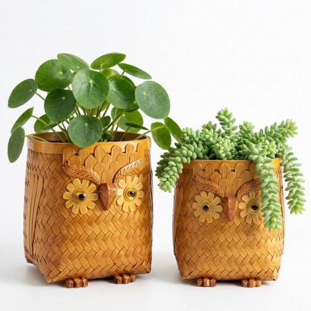 Lot de 2 Cache-Pots Hibou en Bambou Tressé | Panier Plante Intérieur et Rangement Déco Végétale Artisanale