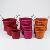 Lot of 3 colorful round baskets in palm with handles | Multi-sized braided craft storage baskets