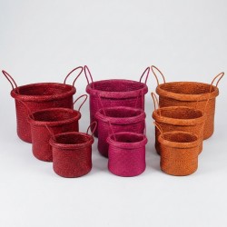 Lot de 3 Corbeilles Rondes Colorées en Palmier avec Anses | Paniers de Rangement Artisanaux Tressés Multi-Tailles