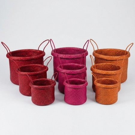Lot de 3 Corbeilles Rondes Colorées en Palmier avec Anses | Paniers de Rangement Artisanaux Tressés Multi-Tailles