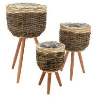 Serie von 3 Bananen- und Seiltöpfe-Cache mit Holzfüßen | Gefütterter Kunststoff für die Innenanlage