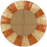 Specchio a parete rotondo in treccia intrecciata naturale e arancione | Decorazione della parete artigianale e colorata Ø55 cm