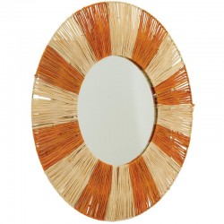 Espejo de pared redondo de papel trenzado natural y naranja | Decoración de pared artesanal y colorida Ø55 cm