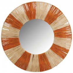 Naturlig och orange flätad pappersrunda väggspegel | Artisanal och färgstark väggdekoration Ø55 cm