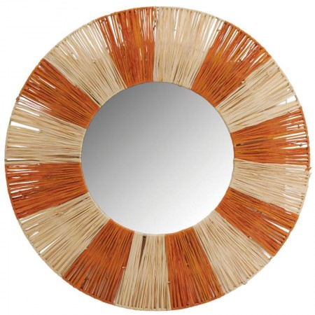 Naturlig och orange flätad pappersrunda väggspegel | Artisanal och färgstark väggdekoration Ø55 cm