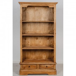 Estante de madera de caoba natural acabado antiguo | Biblioteca 3 niveles y 2 cajones para sala de estar