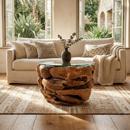 Ronde ronde koffietafel Gerecycleerd bruto teak en 8mm glazen lade | Meubilair Massive Salon Ambachten Meubels