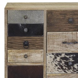 Commode en Manguier et Peau de Vache 11 Tiroirs 1 Porte | Meuble de Rangement Style Industrial Chic