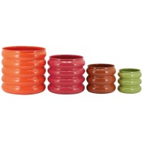 Serie av 4 färgglada lackerade metallkrukor | Orange, rosa, brun och grön för inomhus växter