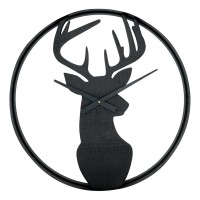 Pine wall clock and black metal Cerf pattern | Large silent clock chalet & design