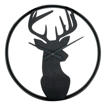 Horloge Murale en Pin et Métal Noir Motif Cerf | Grande Horloge Silencieuse Chalet & Design