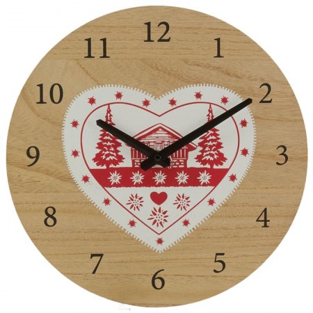 Seinäkello Heart Mountain Chalet Ø 30 cm | Puu paulownia ja punainen ja valkoinen metalli Rustic Deco Cozy