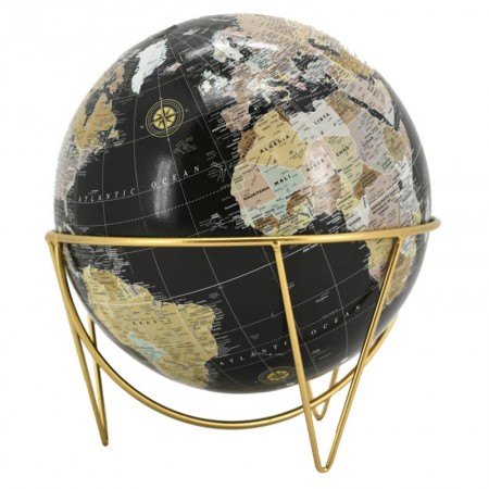 Globo della terra in resina nera e metallo d'oro | Oggetto decorativo elegante e moderno per ufficio e soggiorno
