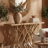 High solid teak wood console with puzzle tray and diagram branches