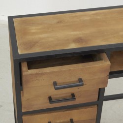 Consola de madera reciclada y estilo industrial de metal - Mesa auxiliar con 3 cajones y estantes para entrada y sala de estar