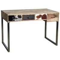 Kontor i Solid Mango og Cowhide med Patinated Steel Feet 4 Skuffer - Industriell stil og Vintage Chic