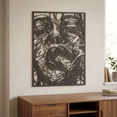Tableau Décoration Murale Visage Relief Noir - Gravure sur Bois Design