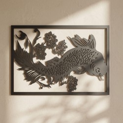 Väggmonterad bord Carpe Koi i graverade trä: Skulptur Japansk konst i svart - Väggdeko Natur & Design