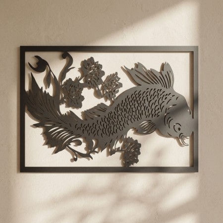 Vægmonteret bord carpe koi i graveret træ: skulptur japansk kunst i sort - Væg deco natur og design