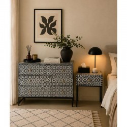 Commode Marqueterie Os Noir et Blanc 3 Tiroirs Pieds Métal : Meuble de Rangement Design Ethnique Chic