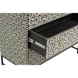 Commode Marqueterie Os Noir et Blanc 3 Tiroirs Pieds Métal : Meuble de Rangement Design Ethnique Chic