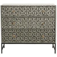 Commode Marqueterie Os Noir et Blanc 3 Tiroirs Pieds Métal : Meuble de Rangement Design Ethnique Chic