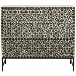 Commode Marqueterie Os Noir et Blanc 3 Tiroirs Pieds Métal : Meuble de Rangement Design Ethnique Chic