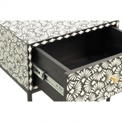 Table de Chevet Marqueterie Os Noir et Blanc 1 Tiroir Pieds Métal : Table de Nuit Design Ethnique Chic Rangement