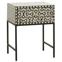 Table de Chevet Marqueterie Os Noir et Blanc 1 Tiroir Pieds Métal : Table de Nuit Design Ethnique Chic Rangement