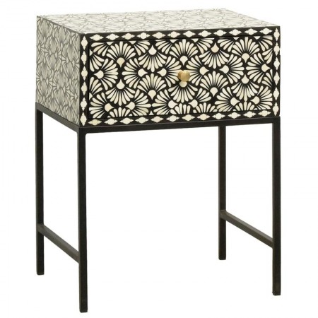 Table de Chevet Marqueterie Os Noir et Blanc 1 Tiroir Pieds Métal : Table de Nuit Design Ethnique Chic Rangement