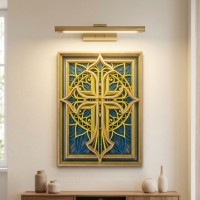 Mesa montada na parede Cruz cristã em madeira gravada: escultura de arte sagrada multicamada azul e amarelo - De alto nível Deco