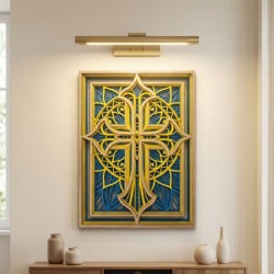 Veggmontert bord Christian Cross i Gravert Tre: Skulptur Hellig Art Multilayer Blå & Gul - Oppskalere Religiøs Deco